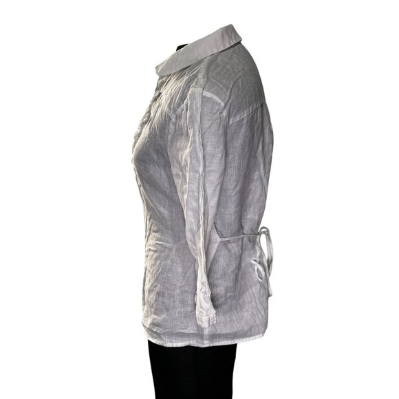 Tracy M. White Linen 3/4 Sleeve Blouse With Ruffle Front & Tie Back - Picture 2 of 10